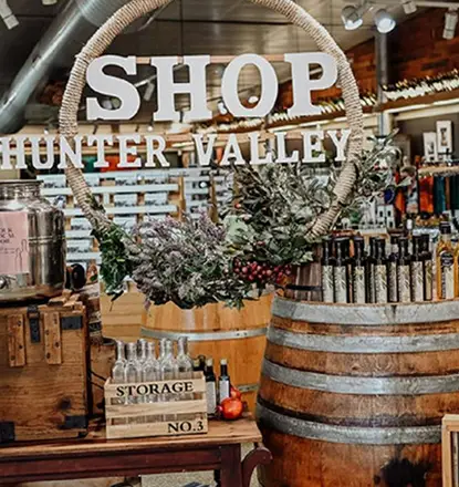 Shopping in the Hunter region, featuring boutiques in Maitland and Cessnock and Hunter Valley wineries offering local products.
